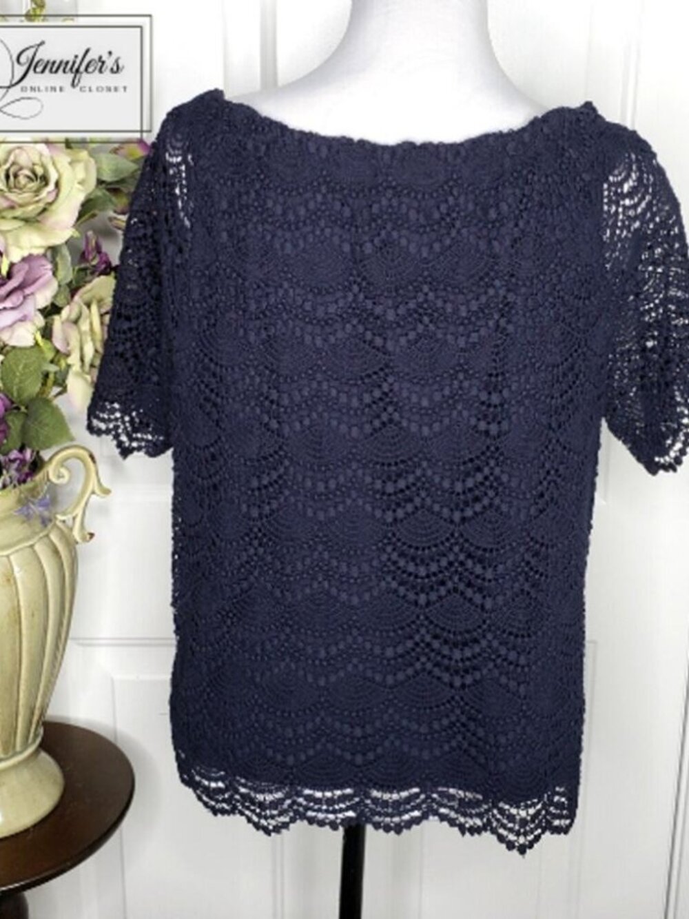 Women's Navy Blue Scoop Neck Short Sleeve Lace Crochet Top Size L - Picture 5 of 5